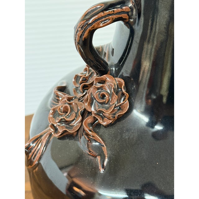 Antique Replica Chinese Dark Glaze Twin-Handle Floral Pottery Vase For Sale - Image 9 of 12