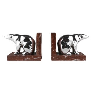 Art Deco Marble and Metal Bear Bookends, France, 1930s, Set of 2 For Sale