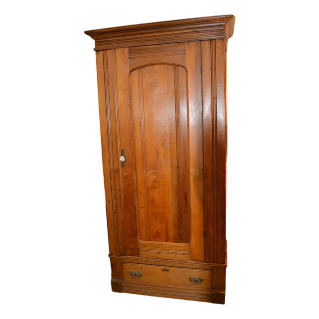Antique Wooden Single Door Armoire Wardrobe W/ Base Drawer - Coat Closet For Sale