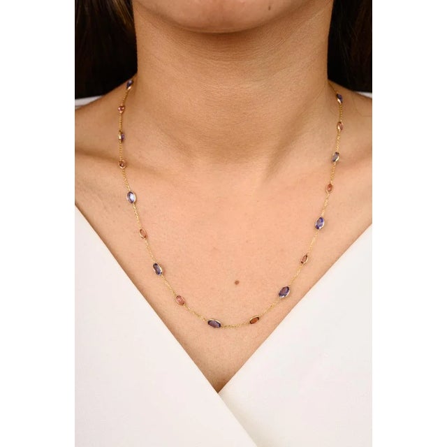 Unique Tanzanite and Tourmaline Station Necklace Crafted in 18k Yellow Gold For Sale In New York - Image 6 of 13