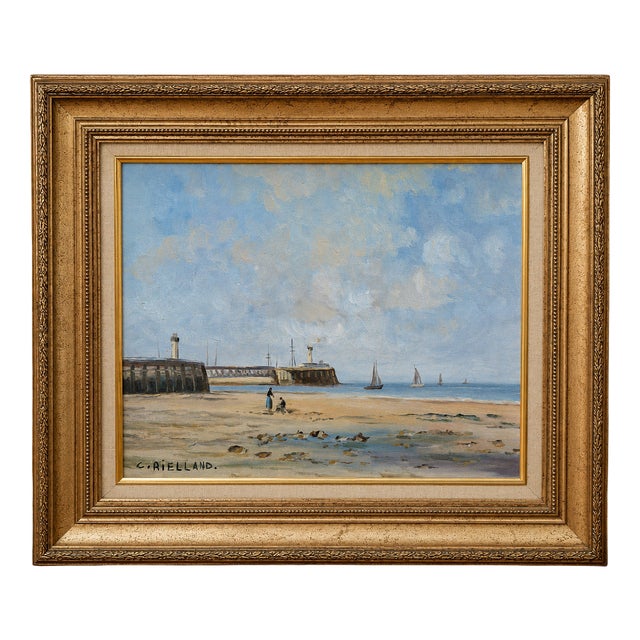 Christophe Rielland, View of a Port and Lively Beach, Oil on Canvas, Framed For Sale