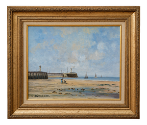 Christophe Rielland, View of a Port and Lively Beach, Oil on Canvas, Framed