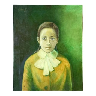 Vintage 1960s Italian Green-Toned Portrait Oil Painting For Sale