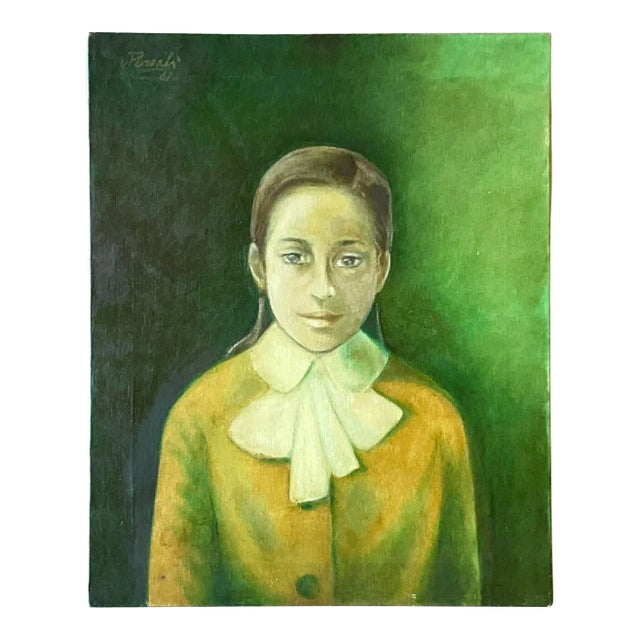 Vintage 1960s Italian Green-Toned Portrait Oil Painting For Sale