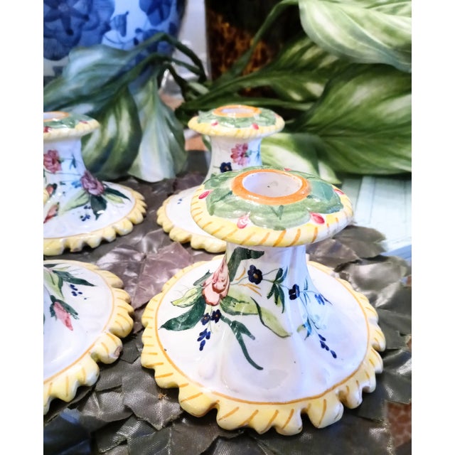 Vintage Italian Hand Painted Floral Short Candle Stick Holders Set of 4 For Sale - Image 4 of 8