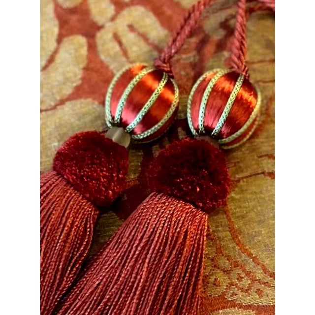 Beaded Key Tassel in Terracotta Red and Gold Satin With Cut Velvet Detail For Sale - Image 4 of 16