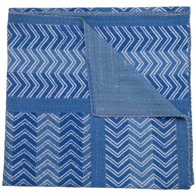 Contemporary Chevron Hand Stitched Quilt, Twin-XL - Blue For Sale - Image 3 of 3