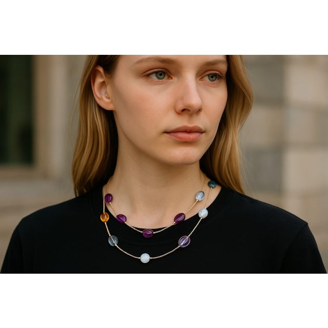 Modern 14k Yellow Gold 36" Pearl and Multi-Gemstone Layering Necklace For Sale - Image 3 of 9