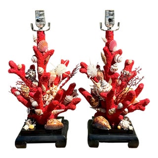 Vintage Shell Encrusted Faux Coral Lamps - A Pair For Sale