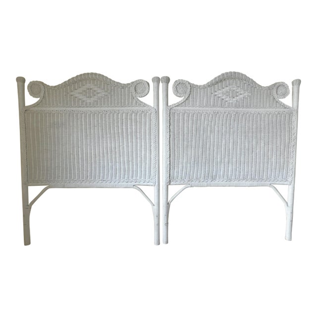 Pair Vintage C1980s Ornate White Wicker Twin Size Headboards For Sale