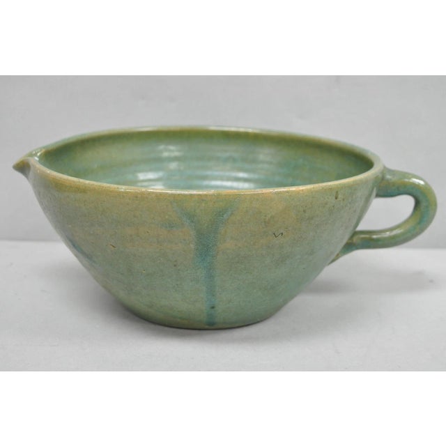 Vintage Primitive Green Glazed Ceramic Pottery Large Mixing Bowl W Handle For Sale - Image 18 of 18