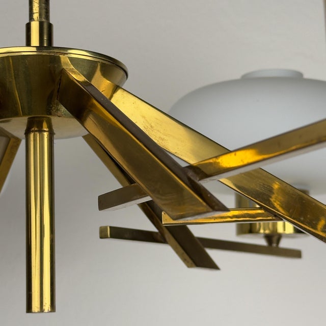 Mid-Century Brass and Opaline Glass Chandelier from Stilnovo, Italy, 1970s For Sale - Image 11 of 18