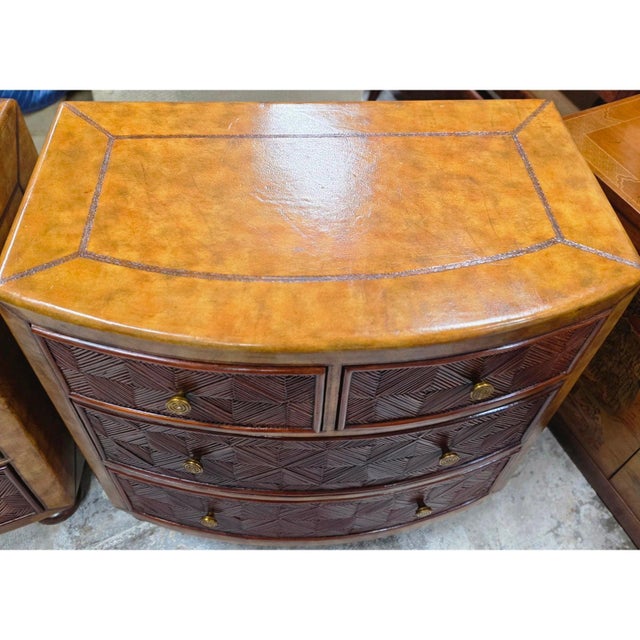 Late 20th Century Pair of Lineage Home Woven Rattan Front and Leather-Clad Bow Front Chest of Drawers For Sale - Image 4 of 18