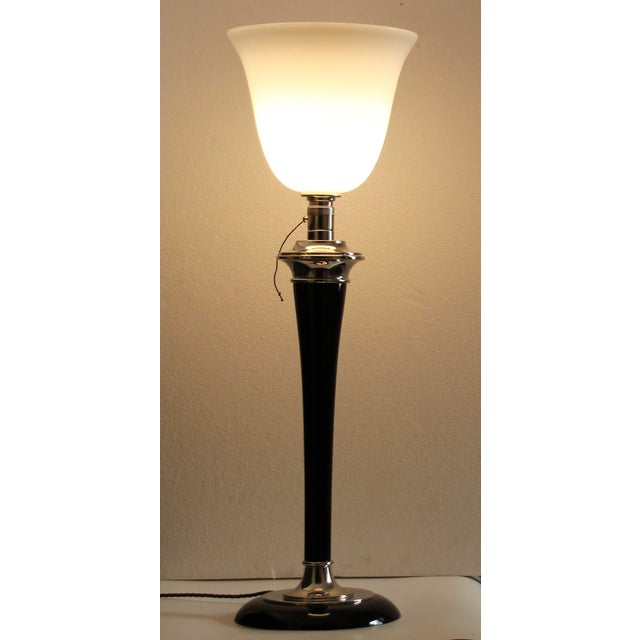 French Art Deco Table Lamp in Black Wood and Nickeled Metal from Mazda, 1920s For Sale - Image 3 of 8