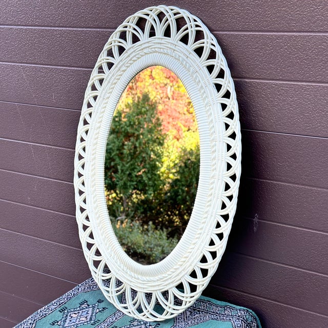 Omega Vintage Burwood Faux Bamboo Rattan Oval Decorative Wall Mirror For Sale - Image 4 of 8