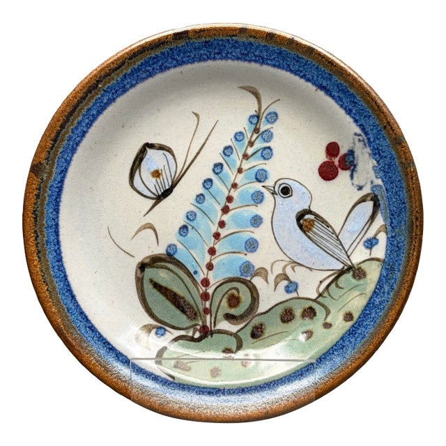 Vintage Ken Edwards Tonala Mexico Blue Bird Hand-Painted Pottery Plate For Sale