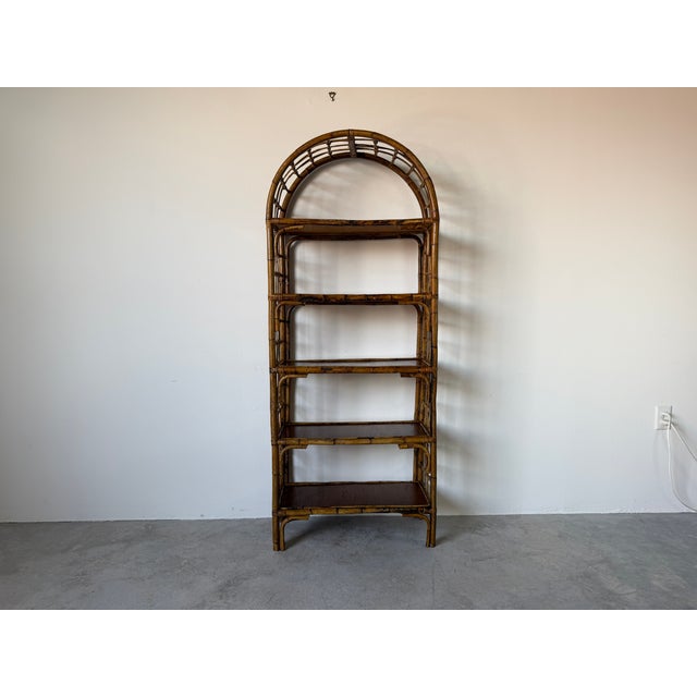 Hollywood Regency 1970's Vintage Coastal Bamboo Rattan Arched Etagere Shelf For Sale - Image 3 of 14