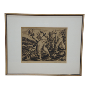 Antique 1938 Irwin D Hoffman Signed Pastoral Puerto Rico Farmer Etching 21"