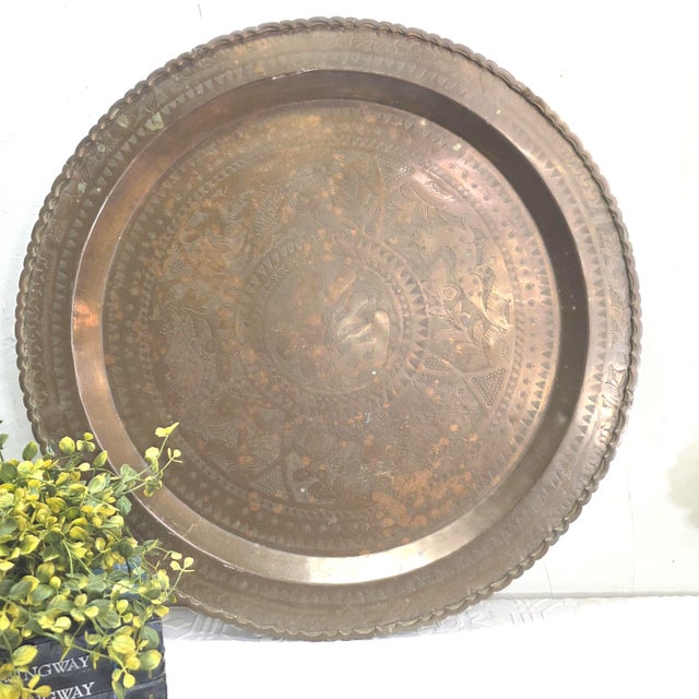 Metal Vintage Brass Wall Tray, 24 Inch Peacock Deer Chinoiserie Chinese Fu Decor Table Top For Sale - Image 7 of 12