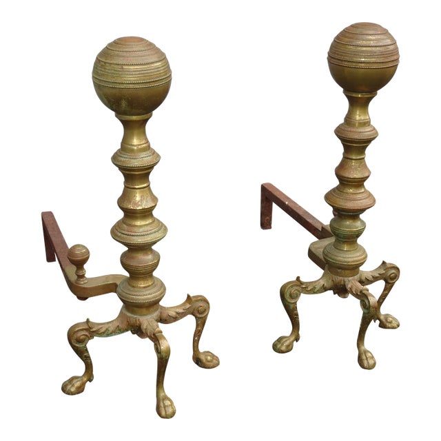 Pair of 23" Tall Large Brass Cannonball Andirons 1960's For Sale