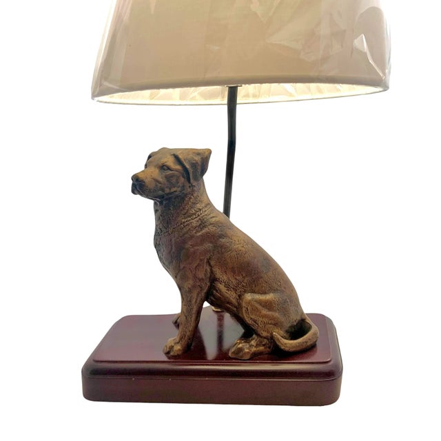 Late 20th Century Figural Golden Retriever Dog Table Lamp, Metal on Wood Base With Shade, 21.5"h For Sale - Image 9 of 12