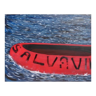 Moisés Villafuerte "Salvavida" Blue, Red, and White Contemporary Seascape Painting with Texts, 2023 For Sale