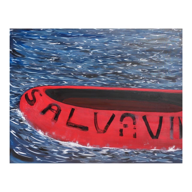 Moisés Villafuerte "Salvavida" Blue, Red, and White Contemporary Seascape Painting with Texts, 2023 For Sale