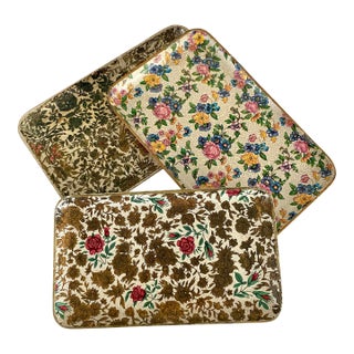Vintage Japanese Alcohol Proof Floral Chintz Patterns Snack Trays-Group of 3 For Sale