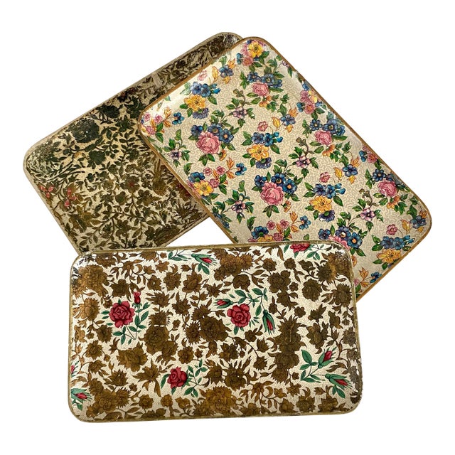 Vintage Japanese Alcohol Proof Floral Chintz Patterns Snack Trays-Group of 3 For Sale