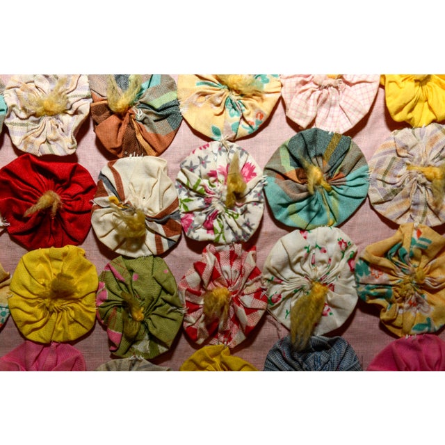 Antique 1930s Yo Yo Quilt Coverlet | Depression Era Feed Sack Fabrics | 49x72 | Cottagecore Folk Art Textile For Sale - Image 12 of 13