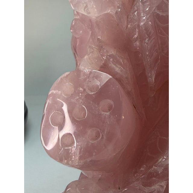 1970s Vintage Chinese Carved Rose Quartz Koi Fish & Lotus Sculpture on Wood Stand For Sale - Image 5 of 11