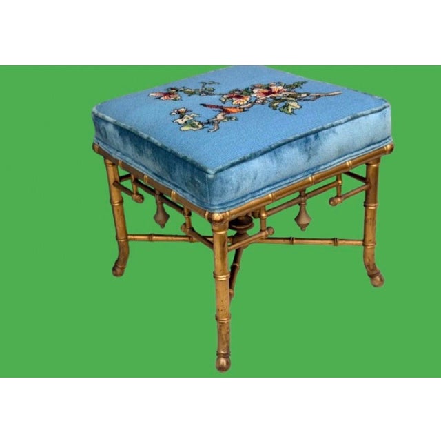 Chinoiserie Late 19th Century French Chinoiserie Faux Bamboo Ottoman Stool With Antique Gilt Finish and Needlepoint Upholstery For Sale - Image 3 of 9