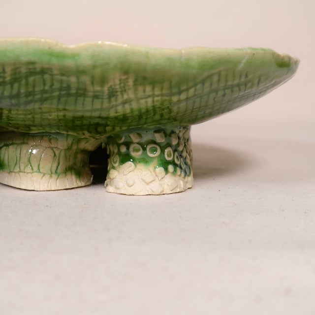 Late 20th Century Signed Wabi Sabi Studio Pottery Sculptural Green Abstract Pattern Textured Pedestal Bowl For Sale In Tulsa - Image 6 of 16