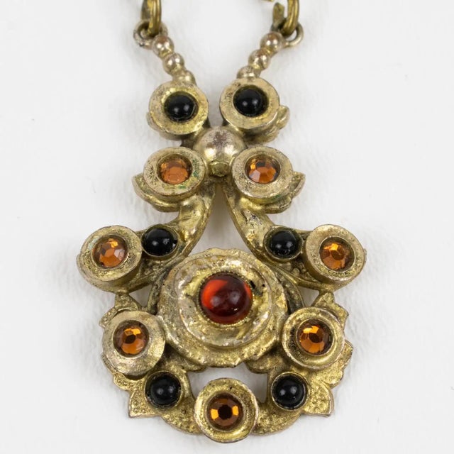 1950s Henry Perichon Gilded Bronze Necklace with Jeweled Cabochons For Sale - Image 5 of 11