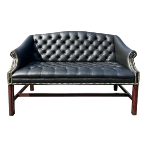 Traditional Chippendale Leatherette Vegan Tufted Sofa Loveseat Seating With Brass Rivets in Black