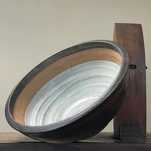 Brown Vintage Large Studio Art Minimalist Shino Glazed Stoneware Bowl, Signed For Sale - Image 8 of 8