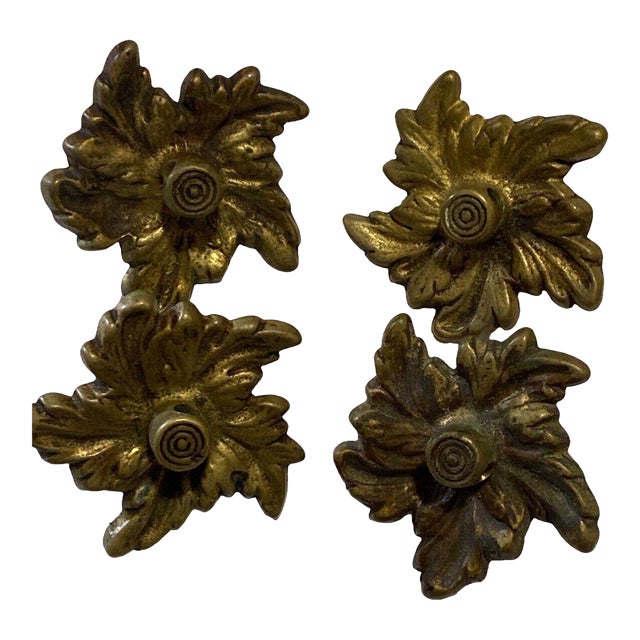 Set of 4 Vintage Art Nouveau Drawer Bronze Pulls Floral Motif For Sale