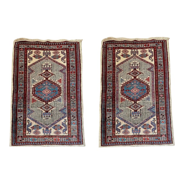 1960s Persian Sarab Ivory and Light Blue Small Area Rugs - A Pair For Sale