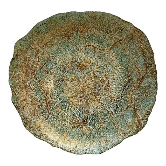 Vintage Aqua and Gold 16" Cast Glass Centerpiece Bowl For Sale