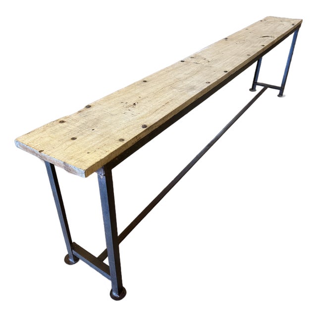 1980s Salvage Wood Bench With Metal Base For Sale