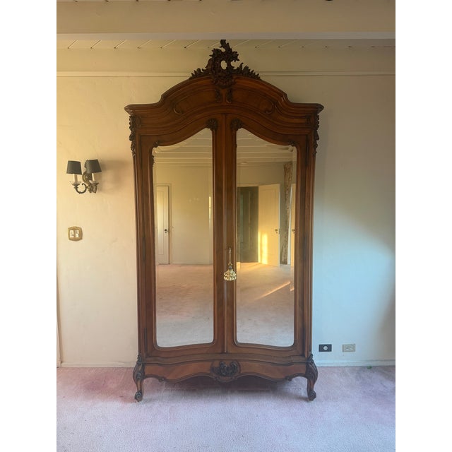 French Late 19th Century French Louis XV Style Armoire / Wardrobe With Mirror Doors – Carved Wood For Sale - Image 3 of 9