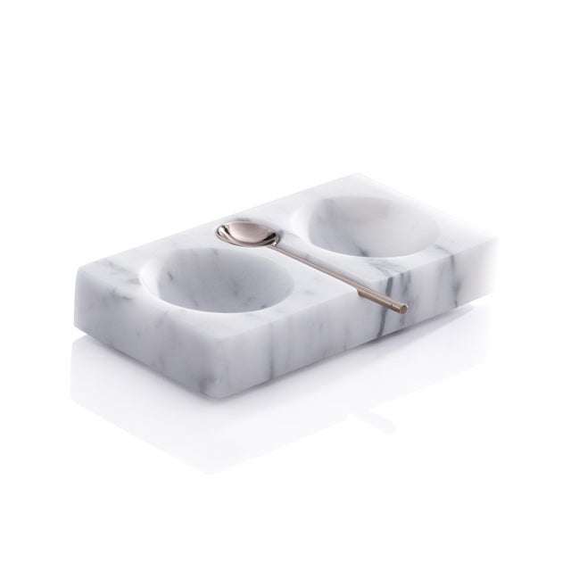 Contemporary Marmora White Marble Salt & Pepper Dish with Gold Spoon For Sale - Image 3 of 3