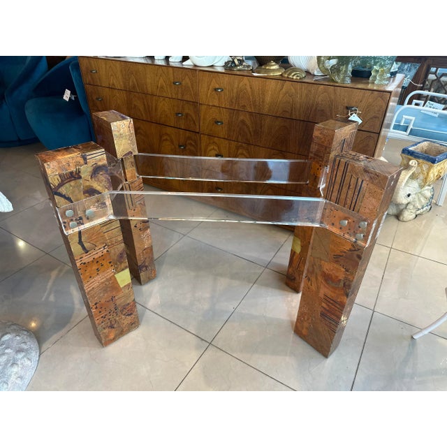 Mid Century Patchwork Metal Brass Copper Lucite Brutalist Dining Table Base For Sale - Image 9 of 9