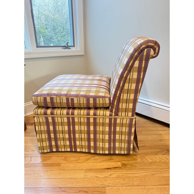 Textile Pair of Baker Furniture Slipper Chairs in Plaid Upholstery For Sale - Image 7 of 16