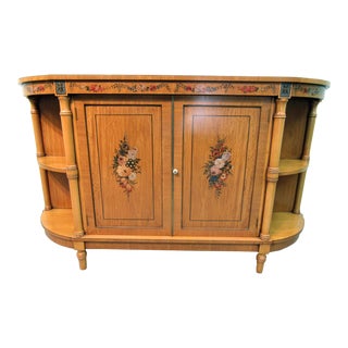 English Adams Style Narrow Foot Print Banded & Floral Hand Painted Satinwood Server Sideboard For Sale