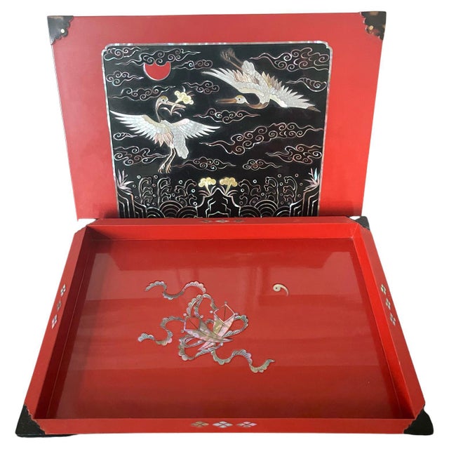 Vintage Korean Lacquer Box with Inner Tray and MOP inlays For Sale - Image 12 of 18