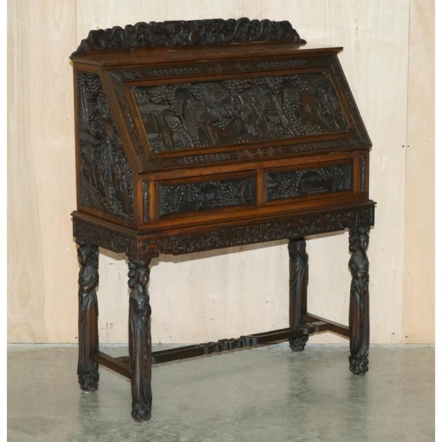 Antique Chinese Hand Carved Bureau Writing Desk & Armchair, 1940s, Set of 2 For Sale - Image 3 of 18