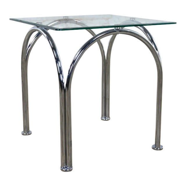 Mid-Late 20th Century Bauhaus Style Arched Chrome Tube Base & Square Beveled Glass Top End or Side Table For Sale