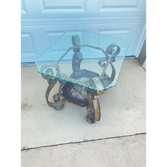 Pair of Hollywood Regency Scrolled Iron & Glass Side Tables With Stone Inset Shelves For Sale In Tampa - Image 6 of 8