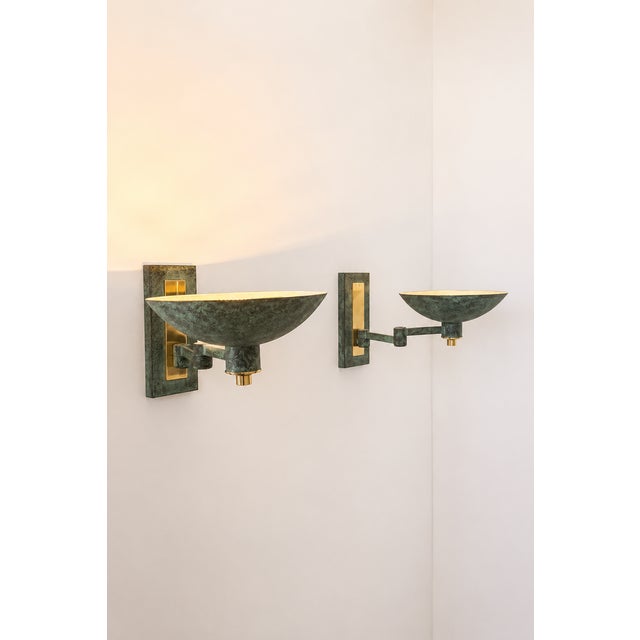 1970s Vintage Adjustable Brass Wall Lights with Green Bronze Patina, France, 1970s, Set of 2 For Sale - Image 5 of 8